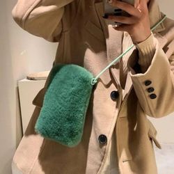 Green faux fur winter girl's women's cell phone case crossbody bag Purse Gift