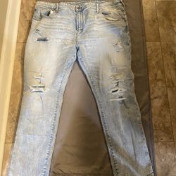 American Eagle Airflex Light wash, 5 Pocket  Distressed Jeans, size 46x32.