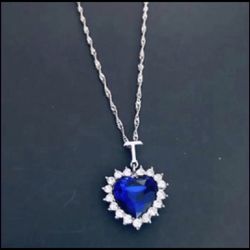 Blue Crystal Heart Pendant With Chain 