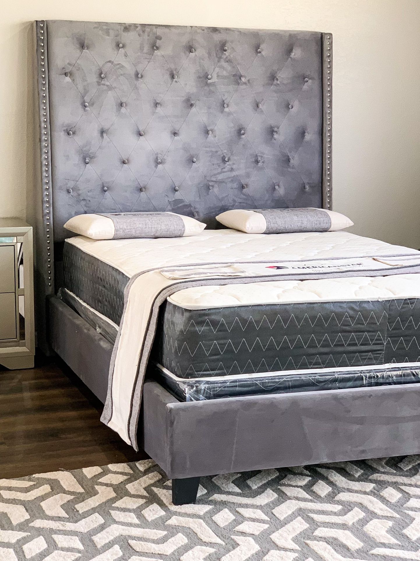 King Gray Velvet Bed Plus King Plush Mattress (Free Delivery )