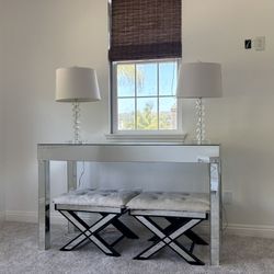 Elegant Mirrored Entry Table With Footstools
