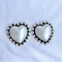 Coquette Puffy Heart Sterling Silver Moonstone Vintage Style Clip On Stud Earrings