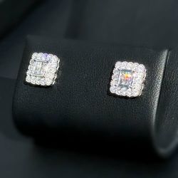 14K White Gold 1.5CTW Natural Diamond Studs Princess & Round Cut Square Shape Earrings