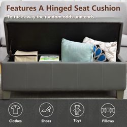 51 Inch Storage Ottoman, Storage Bench with Safety Hinge, Upholstered Synthetic Leather Ottoman Bench for Bedroom, Living Room, Entryway, Ha