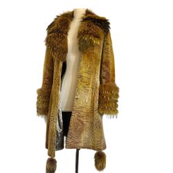 RARE vintage 1970s 100% authentic fully lamb jacquard pattern outer with hand dyed Racoon Fur trim Yellow coat Art To Wear. Sz Large 