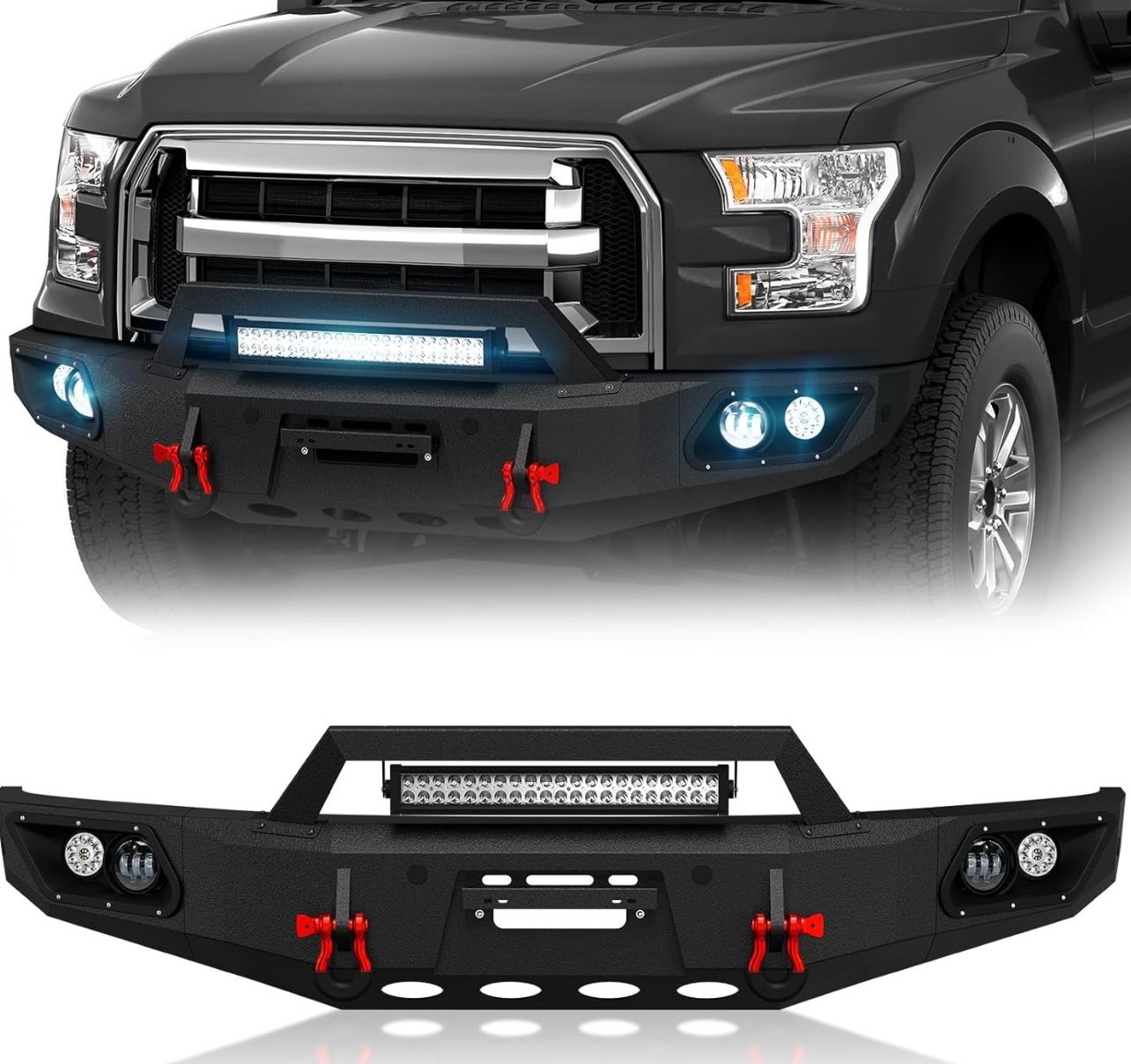 Front Bumper Compatible with 2015 2016 2017 Ford F150 (Excluding Raptor and Ecoboost) Heavy Duty Bumper with 5 x LED Lights, Winch Plate, License Plat