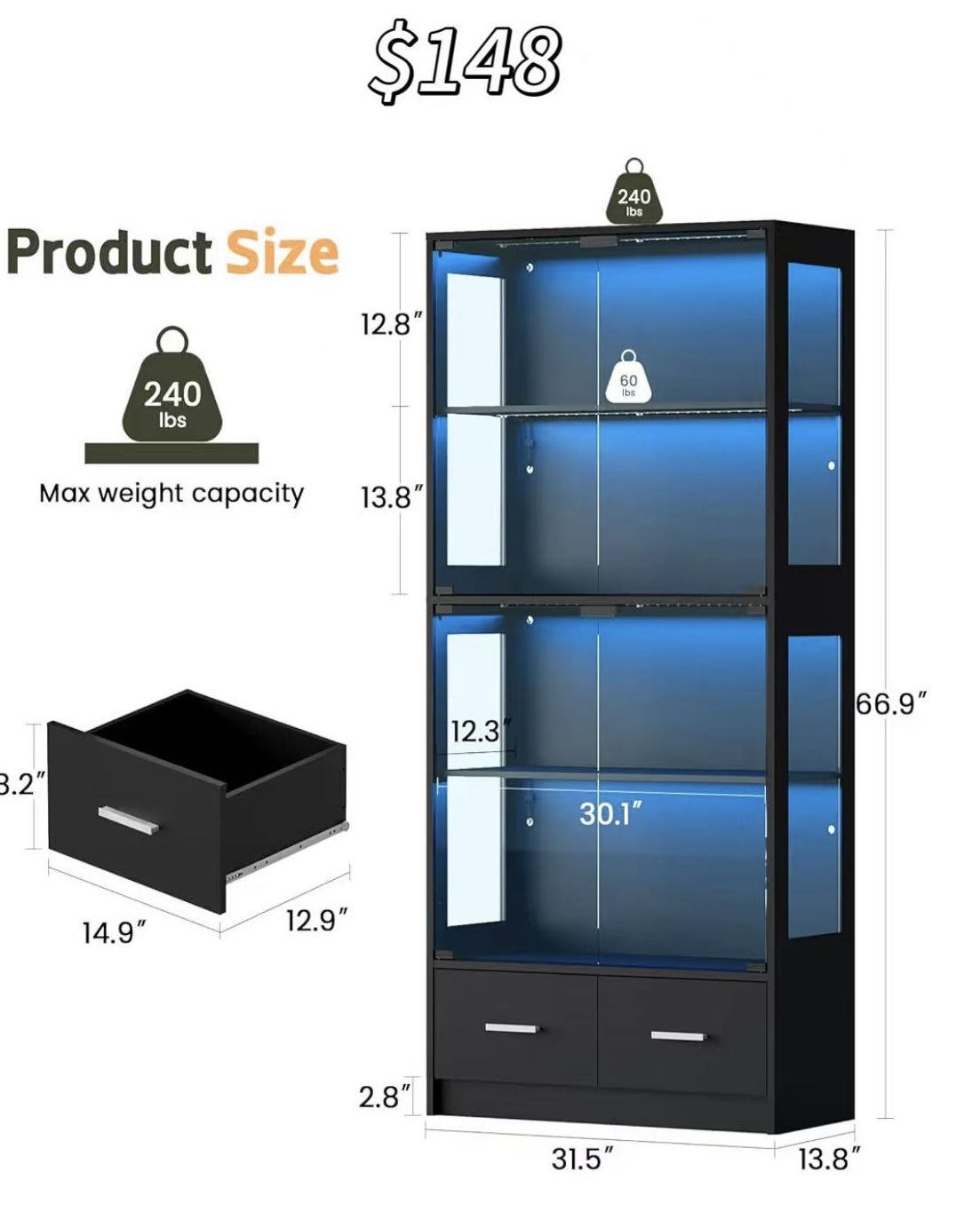 ✌️ Display Cabinet with Glass Doors - 67" Curio Cabinet for Collectibles with RGB LED Lights and 2 Drawers, 4 Tier Glass Display Case for Living Room