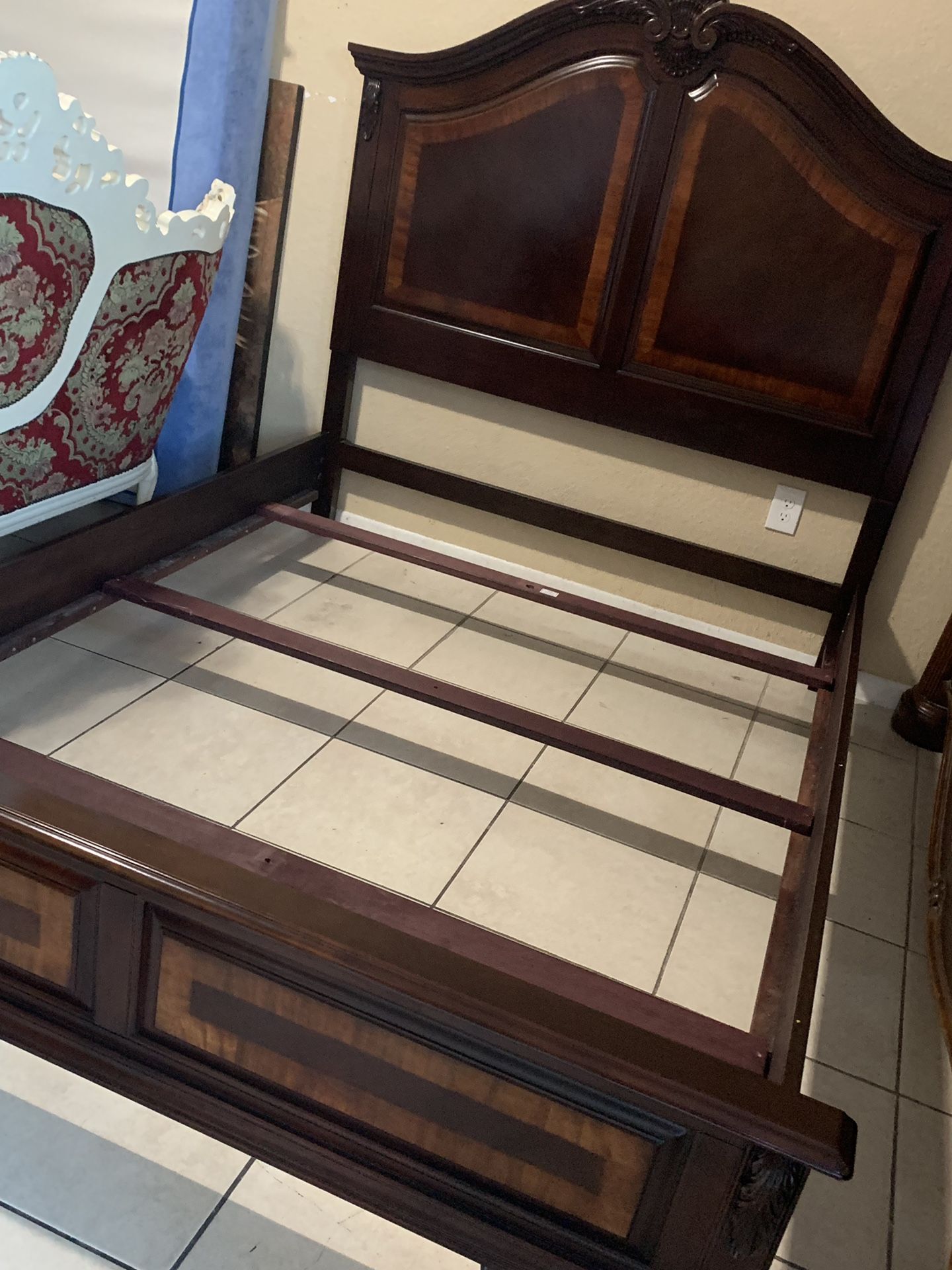 Queen bed frame dresser with mirrors 1 night stand marble and mattress with box springs