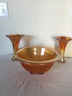 Amber Carnival Glass Vase Ribbed & Bowl