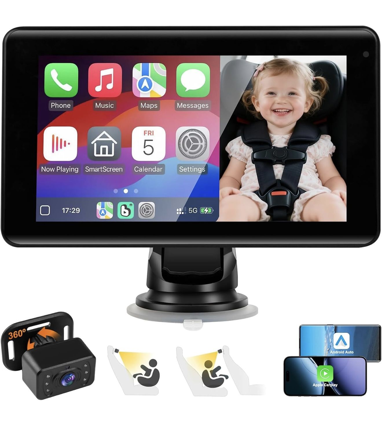 Brand New 7" Wireless CarPlay Screen with Baby Car Camera- Apple CarPlay & Android Auto
