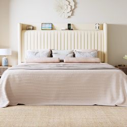 Queen Size Platform Bed Frame with USB Charging Station and Storage Shelf/Upholstered Velvet Wingback Headboard/Wooden Slats Support/No Box Spring Nee