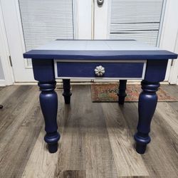 Restored Navy Blue And Grey End Table