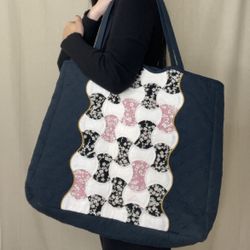 Handmade Japanese Patchwork Tote Bag Quilted Floral Sakura Navy