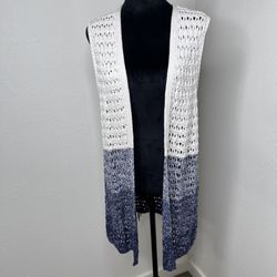Chicos Sweater Womens Size 1 Blue Vest Crochet Knit Open Long Coastal Beach