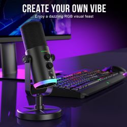 Dynamic Microphone, USB-C/XLR Podcast Recording PC Microphone for Podcast Recording Streaming Gaming with RGB Light, Mute Button, Desktop Stand, Headp