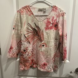 Chico's Pink & White Floral Top Blouse Stretch Cotton Casual 3/4 Sleeve Size 1 