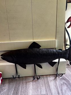 Large Black Carved Wood Fish Sculpture