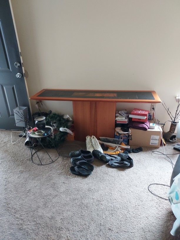Wood Table, Brown , And Stone On Top OBO