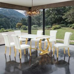 Ivory velvet and gold chairs black wood and gold dining table brand new in box firm price $999 DIMENSION 7 Pc. Dining Table Set60"W X 31.5"D X 29.5"H