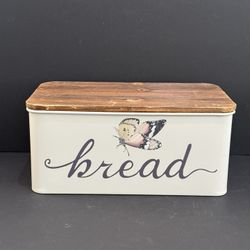 Retro Farmhouse Beige Metal Bread Box w/Butterfly & Wood Lid 