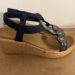 Skechers 6.5 women's beverlee date glam sandal wedges shoes blue