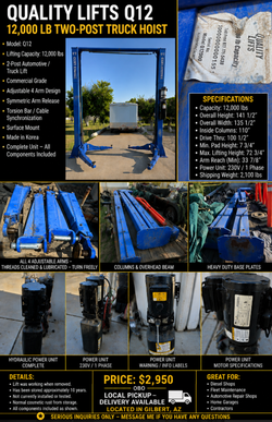 Vehicle/Truck Lift - Quality Lifts Q12 – 12,000 LB Commercial 2-Post – Complete