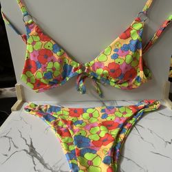 NEW swimsuit Bikini triangle top ring hip bright blue/yellow/green floral Sm