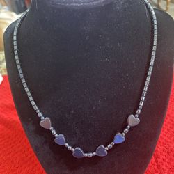 Hematite Hearts And Beaded Necklace 