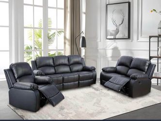 Black leather fully reclining three piece couch set