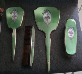 Steeling silver Vintage Green Enamel Vanity Set 4 Pieces