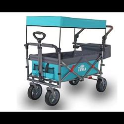 TMZ Collapsible Wagon, Outdoor Utility Garden Cart with Canopy, Heavy Duty Camping Wagon with Big Wheels, Folding Wagon for Sports, Shopping, Fishing 