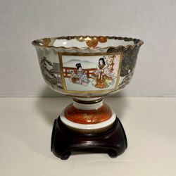 Antique Meiji Period Japanese Kutani Polychrome Porcelain Stem Cup Footed Bowl