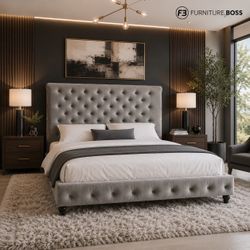 Grey Queen Size Bed - Modern Platform Bed with Tufted Headboard