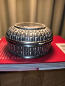 Vintage jewelry box round Pewter 2.25x4.25 red velvet lining
