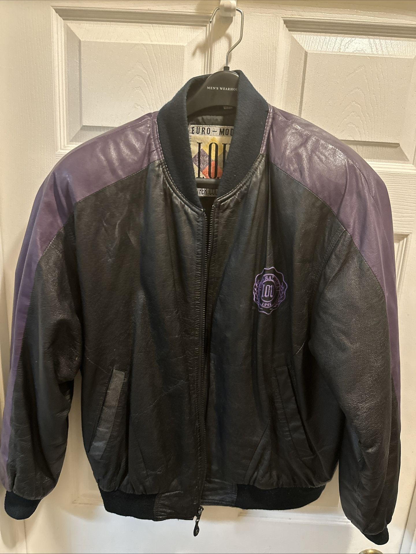 Vintage 90s IOU Legends Black And Purple Leather Bomber Jacket. Size Large
