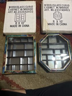 Wood Glass Curio Cabinet with Mirror Set of 2