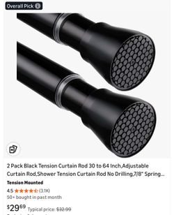Black Tension Curtain Rod 30 to 64 Inch,Adjustable Curtain Rod