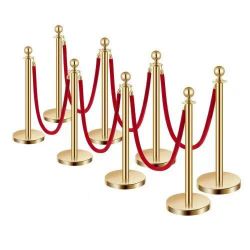 55#Stanchions and Velvet Ropes 8Pcs, Hollow Base with Stainless Steel Post, 6 Red Velvet Ropes and Posts, Crowd Control Barriers Gold Stanchions, Red 
