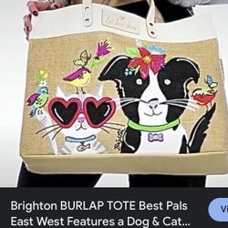 Brighton BURLAP TOTE Best Pals East West Features a Dog & Cat...