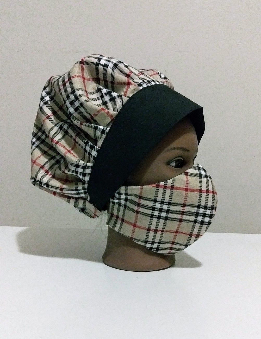 Burberry Print Bouffant Scrub Hat/Nurses Cap/Surgical Cap With Elastic And Face Mask With Filter Pocket And Nose Chip