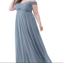 Azazie Dusty Blue Pleated off the shoulder Gown Size 20
