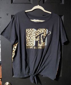 MTV Black Animal Print Logo Knot Front Short Sleeve T-Shirt sz XXL NWT