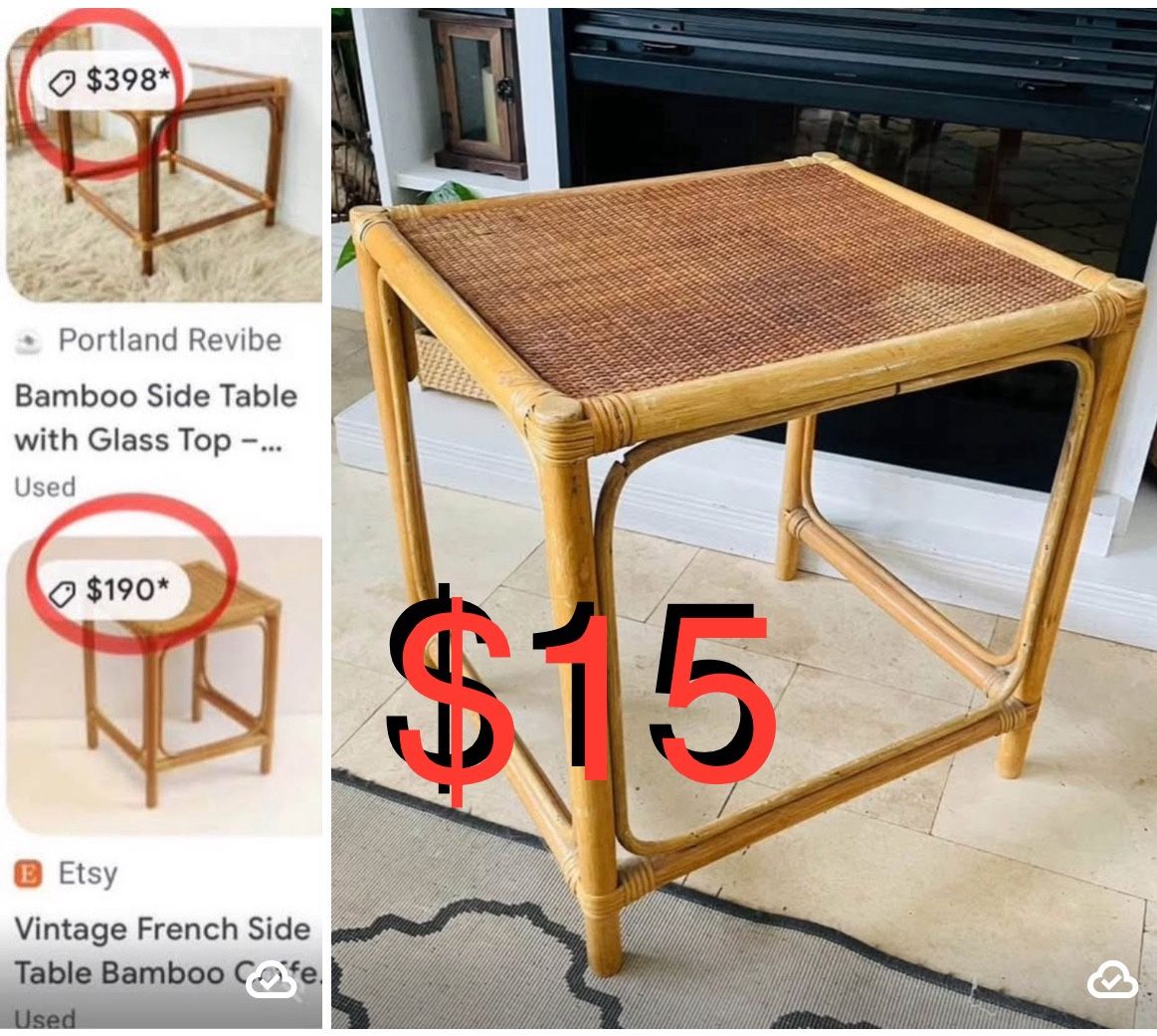 $15 Boho Side Table Bamboo & wicker/ Plant 🪴 stand measures in Pics