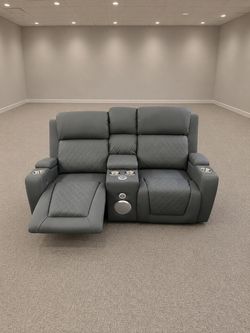 GREY RECLINER LOVESEAT W/ Bluetooth Speakers & LED’s