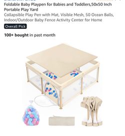 Foldable Baby Playpen for Babies and Toddlers,50x50 Inch Portable Play Yard Collapsible Play Pen with Mat, Visible Mesh, 50 Ocean Balls, Indoor/Outdoo