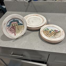 7 Vietri Plates “Tuscany” Set Made In Italy Hand Painted Dinner And Salad Plates