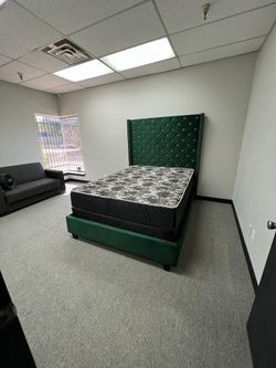 Green Velvet Tufted Wingback Bed Frame with Mattress