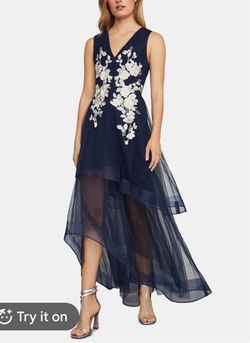 BCBGMAXAZRIA Navy Blue Floral Embroidered Tulle Dress Gown