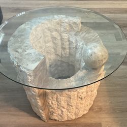 Round Tessellated Stone Side or End Table w/ Beveled Glass Top