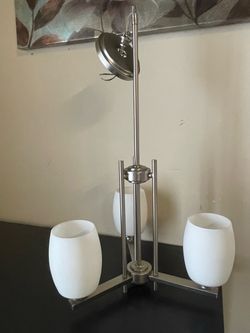 3-light chandelier, brushed nickel finish & white glass shades